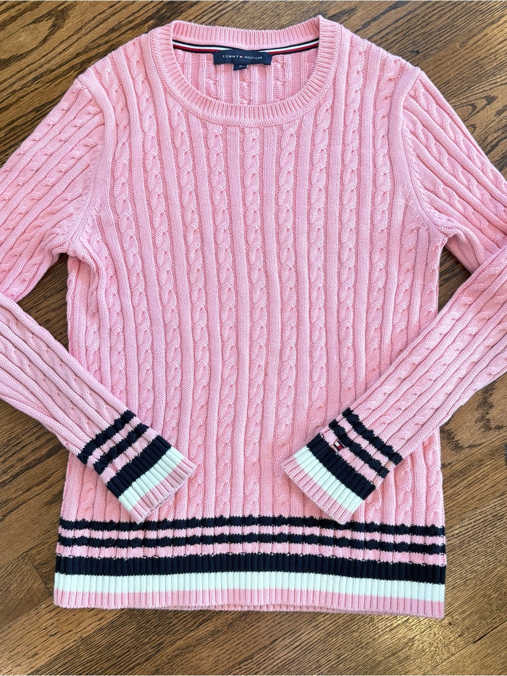 Tommy Hilfiger Pink Cable-Knit Crewneck Sweater with Navy & White Trim